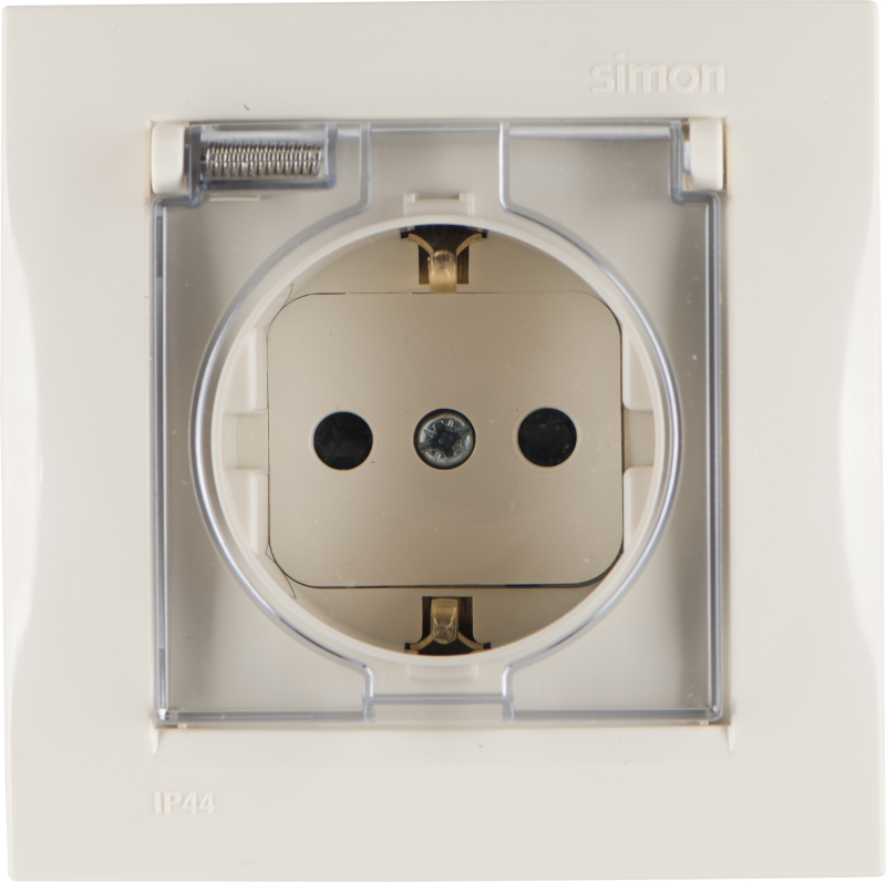 Розетка Simon 15 с заземлением, шторками и крышкой IP-44 (слоновая кость) Розетка Simon 15 с заземлением, шторками и крышкой IP-44 (слоновая кость)